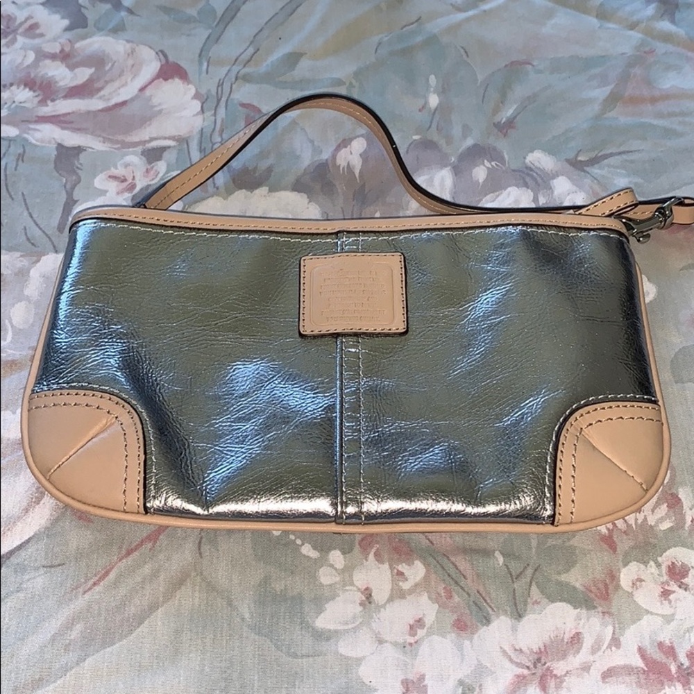 Metallic silver and tan Coach bag
